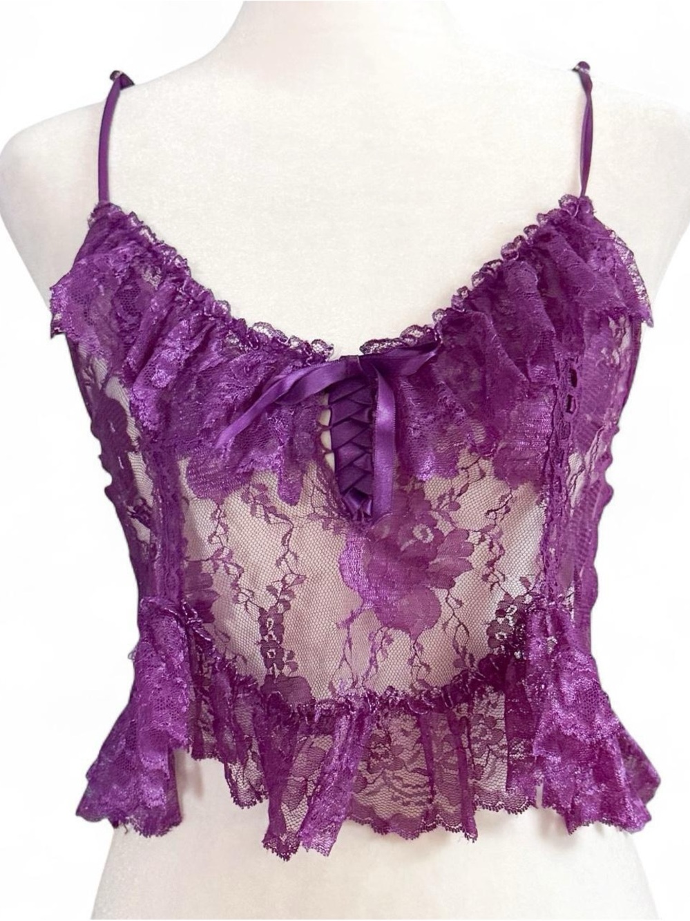 Sheer Purple Lace Cropped Camisole Ruffle Trim Size Medium